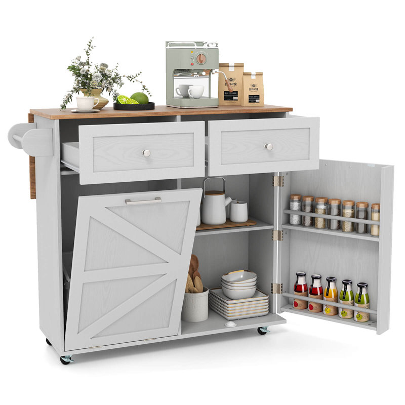 Rolling Kitchen Island Kitchen Island Cart with Drop Leaf Trash Can Cabinet Gray