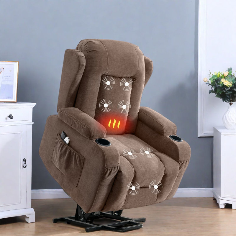 Fauteuil releveur électrique avec massage et chauffage, en coton brun, style moderne., Brun