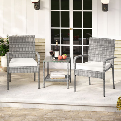  3 Pieces Patio Furniture Set PE Rattan Porch Chairs w/ 2-Tier Table White