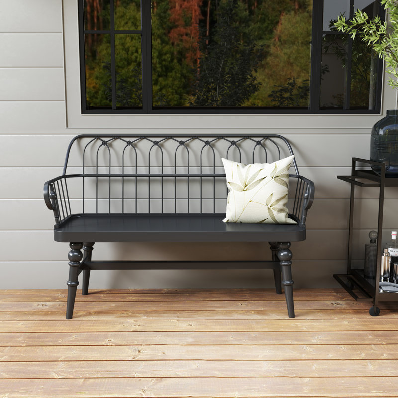 Modern Farmhouse Metal Spindle Back Bench, Entryway Accent Bench with Decorative Design, Black