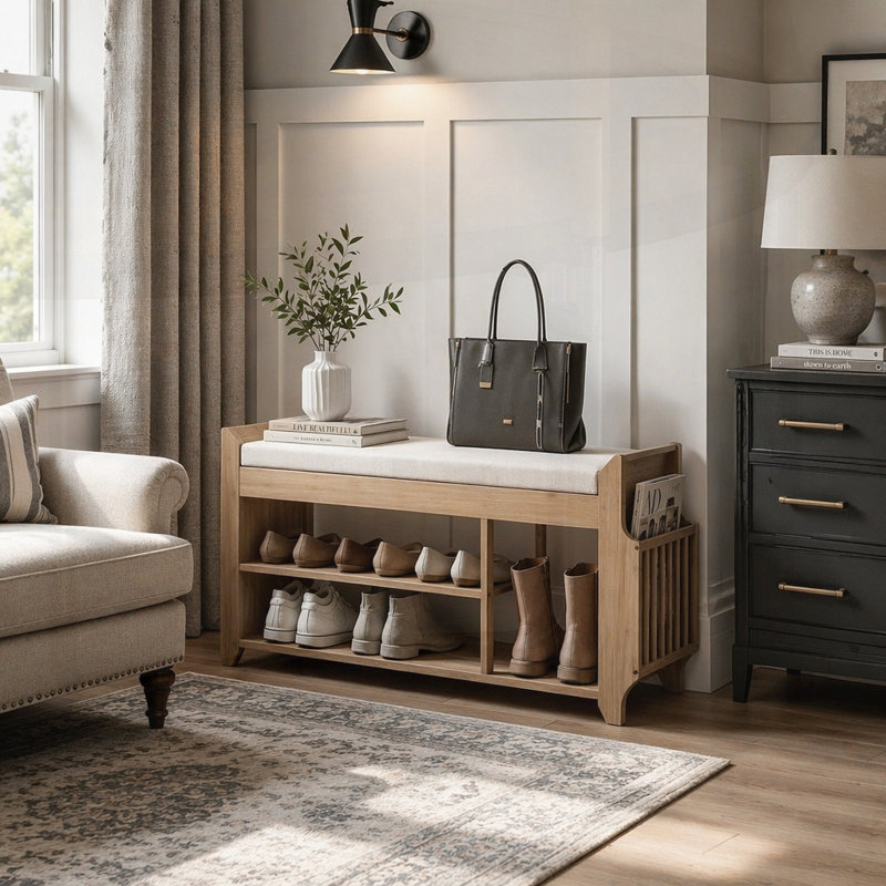 Banc de rangement pour hall d'entrée avec sièges rembourrés confortables et structure en bambou naturel, parfait pour les espaces étroits