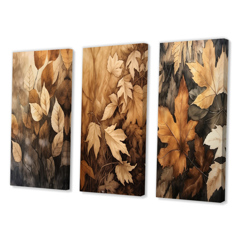 «Brown Beige Leafs» Harmony V - ensemble d'art mural encadré floral de 3, Toile tendue, H 28 po x l 36 po