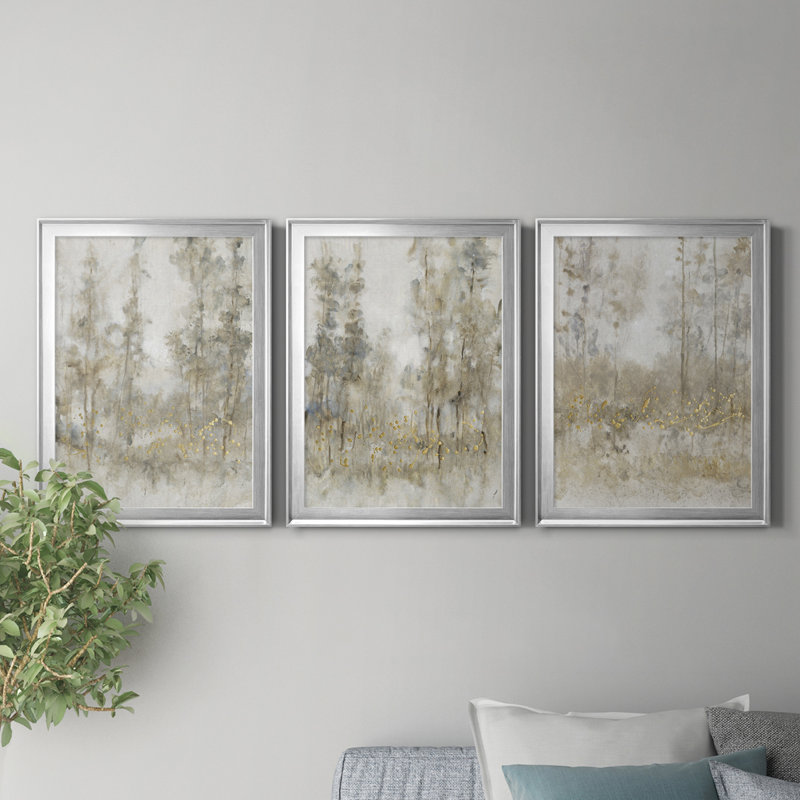 «Thicket Of Trees I», peinture sur toile 3 pièces, H 42,5 po x l 91,5 po x P 1 po, Cadre argenté, Pas de tapis
