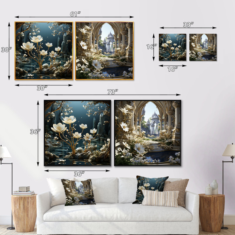 Gilded Snowdrops River - ensemble de 2 collages floraux carrés, Cadre noir, H 16 po x l 33 po