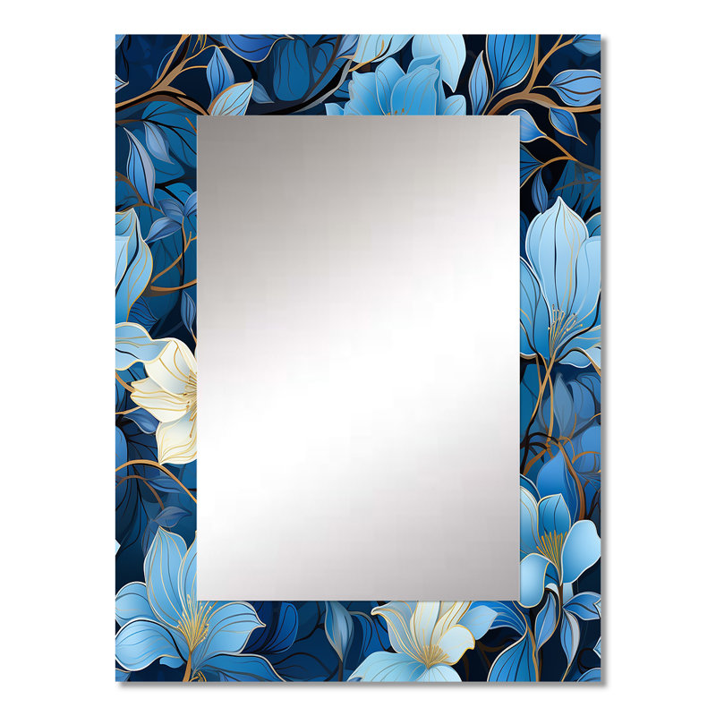 Aurella, motif floral blanc et bleu - grand miroir mural floral, miroir décoratif de chalet, impression d'art en métal