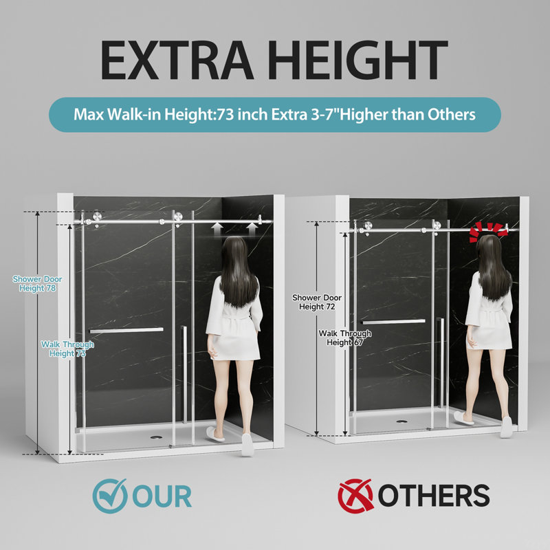 56"-60" W X 78" H Frameless Single Sliding Shower Door, 3/8" (10Mm) Clear Tempered Glass With Explosion-Proof Film, Stainless Steel Handle