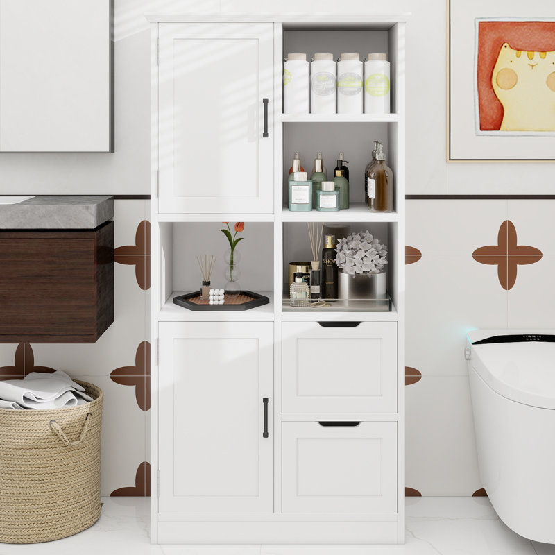 Armoire de rangement pour salle de bain avec portes et tiroirs, plusieurs espaces de rangement, style autoportant, tablette ouverte, tablette réglable, blanc