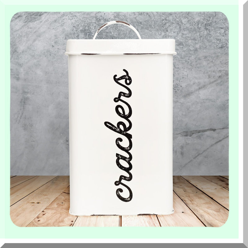 Vintage Square Enamel Cracker Tin - Rustic White Storage Canister