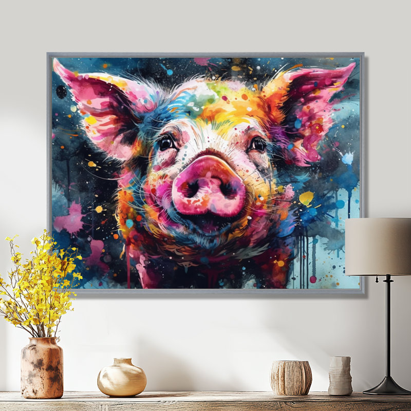 «Colorful Pig Portait», reproduction d'art sur toile cochon, H 30 po x l 40 po x P 1,5 po, Encadrement argenté
