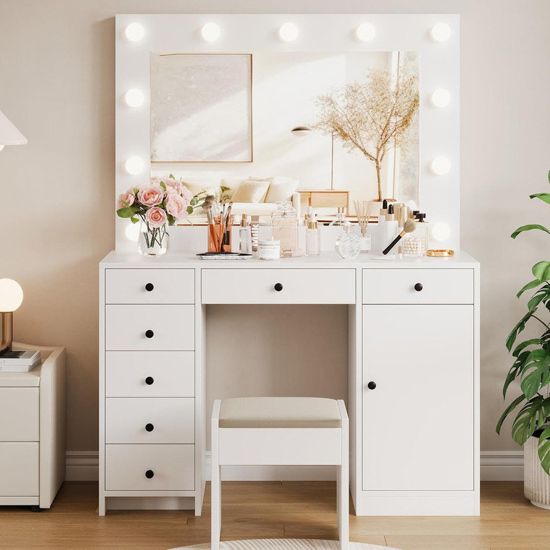 White Vanity Desk with Mirror & Light, Makeup Table with Charging Station & 7 Drawers for Bedroom