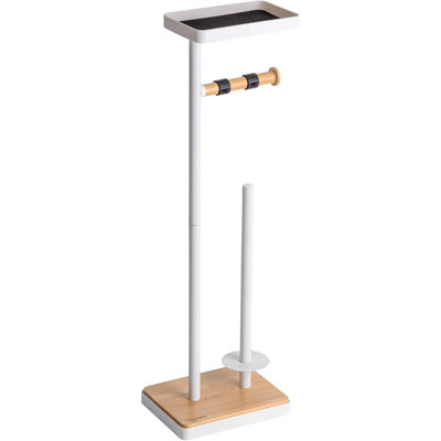 Freestanding Toilet Paper Holder With Storage And Top Shelf – White Floor Stand With Weighted Bamboo-Style Base For Bathroom