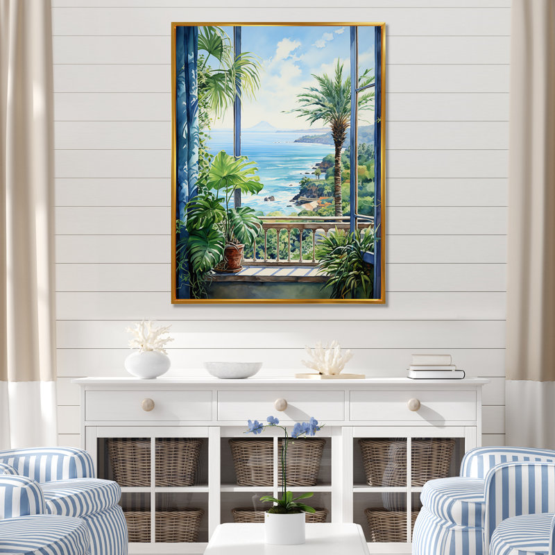 «Tropical Windows To The Beach II - Coastal Windows», art mural, Cadre flottant doré, H 40 po x l 30 po x P 1,5 po