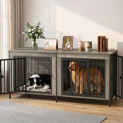 Heavy Duty 63 Inch Double Dog Crate Furniture, Decorative Multi-Pet House Kennel Cage