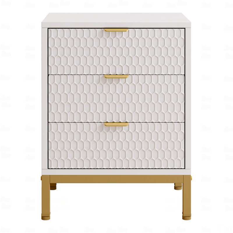 3-Drawer Bedroom Nightstand, 19.7" Modern And Gold, 25.8" Tall Bedside Nightstand Table With Ample Storage, Hexagon Pattern Side Table For Bedroom Or Living Room, Elegant Design Bedroom End Table Nightstand With Metal Base