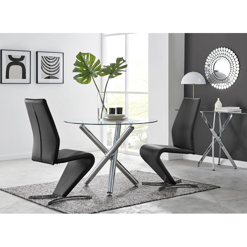 Seline Modern Round Dining Table Set in Glass and Chrome with 2 Modern Design Faux Leather Chairs, Black