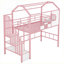 Structure de lit mezzanine simple avec toit et boîte de rangement latérale intégrée, construction robuste en métal massif, rose classique
