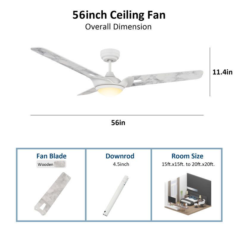 Ventilateur de plafond standard à DEL à 3 pales 56 "avec télécommande et ensemble d'éclairage inclus Fronniah, Marbre blanc
