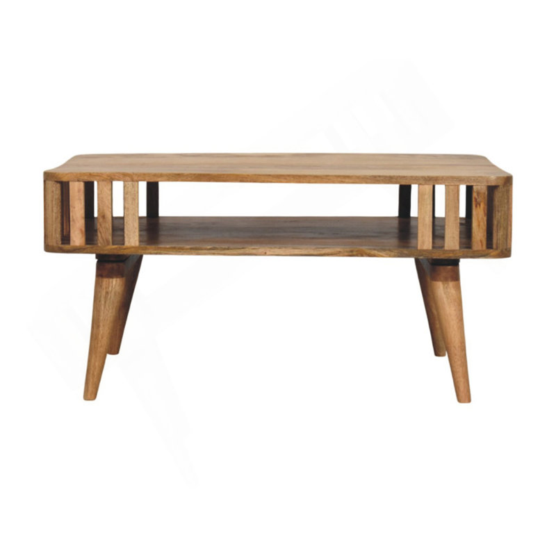 Table basse en bois à lattes de chêne et bois de chêne, rangement ouvert, pieds nordiques, brun clair