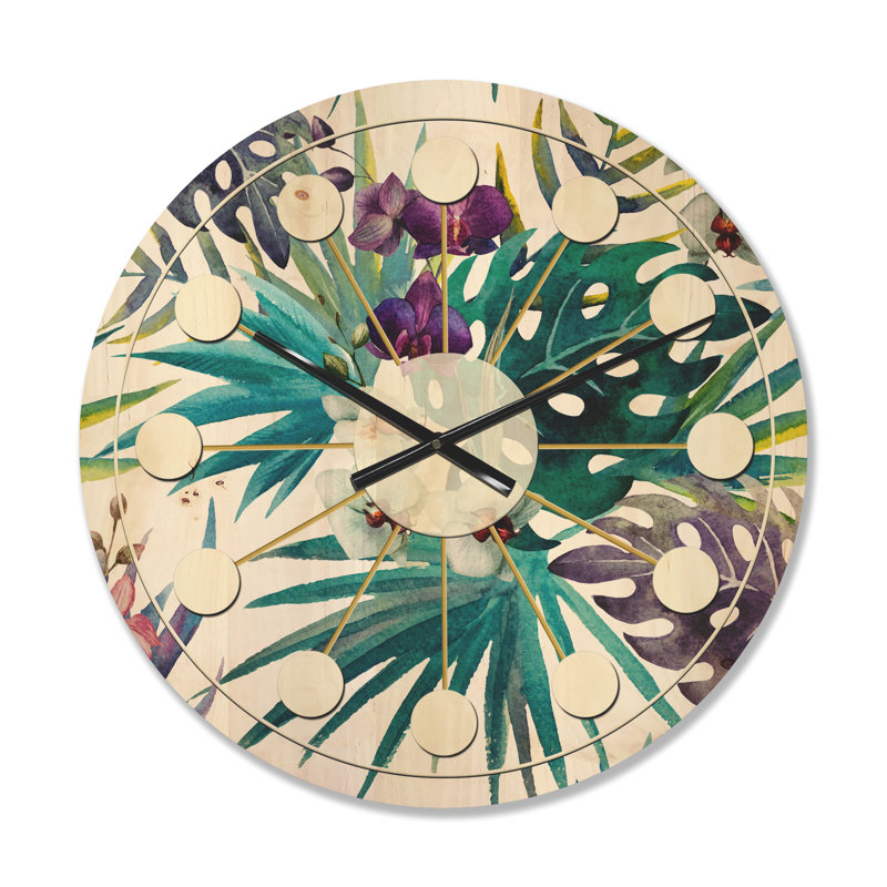 Horloge murale en bois Floral Botanical Design II, Moyen