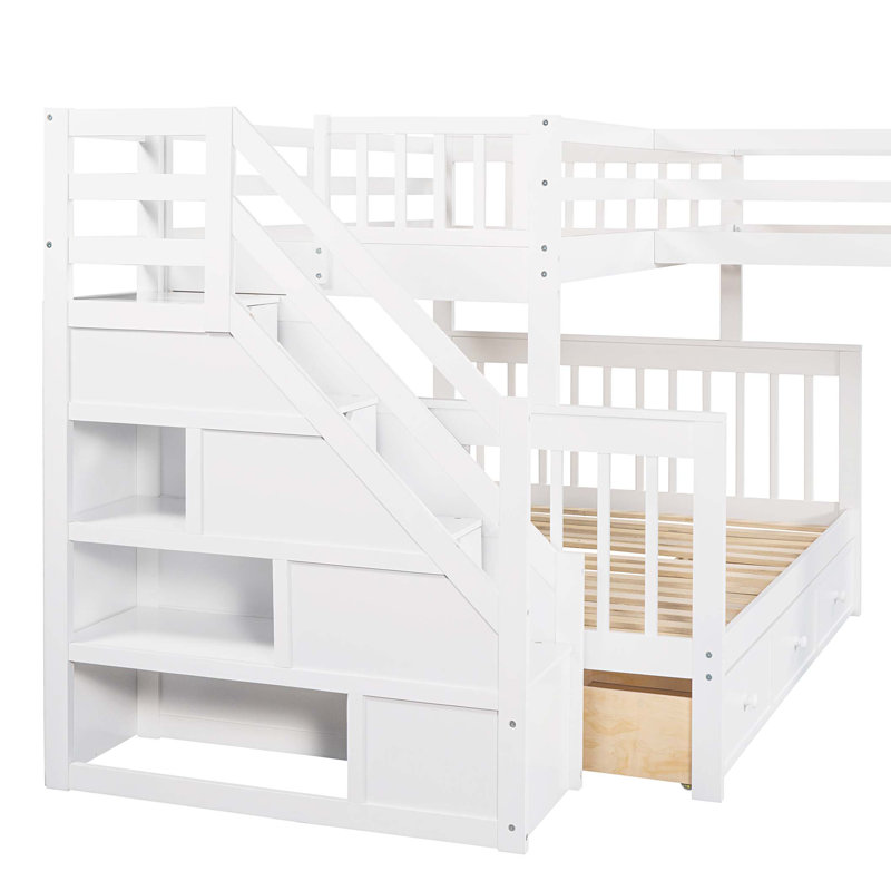 Lit superposé simple au-dessus d'un lit double en L avec 3 tiroirs, échelle et escalier, Blanc