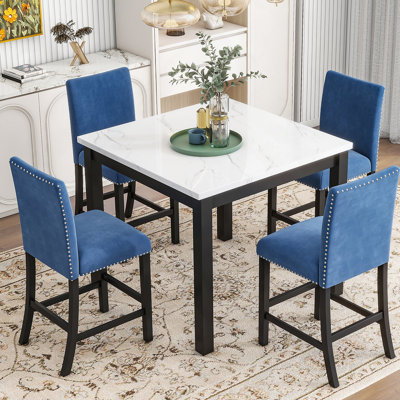 Ensemble de table de salle à manger 5 pièces, table de salle à manger avec plateau en faux marbre et quatre chaises rembourrées