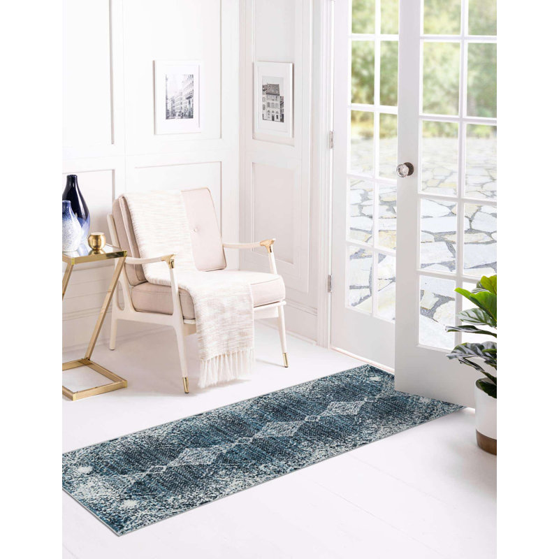 Tapis bleu marine / ivoire en polyester tissé à la machine Massie, Tapis de couloir 2 pi x 4 pi 1 po