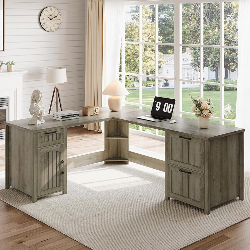 Farmhouse L Shaped Desk with 3 Drawers & Storage