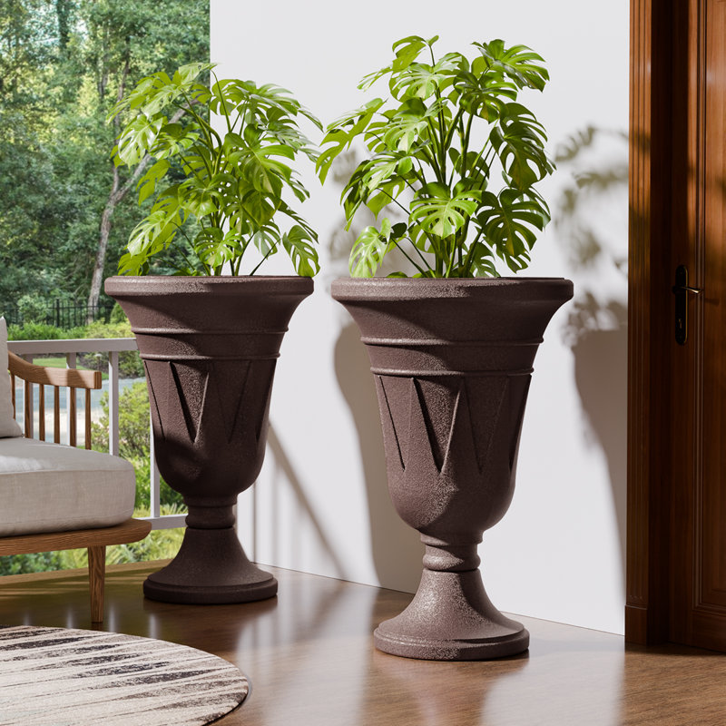 2-Pack Trophy Shaped Pedestal Planters, 23.6" Tall Outdoor Urn Flower Pots With Solid Base, Elegant Pattern, Weather-Resistant HDPE