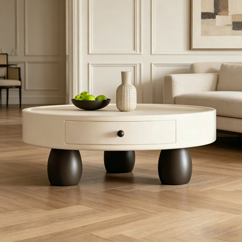 Table basse ronde blanche crème avec tiroir, centre de table en bois massif multicouche avec pieds robustes en fibre de verre