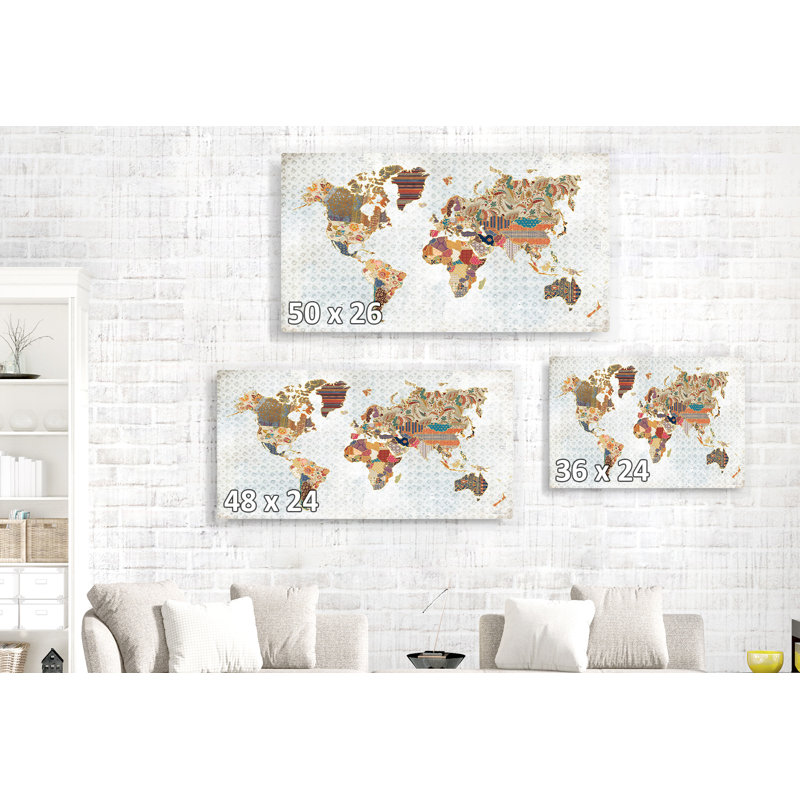 map Patterned World Map On Boho Texture, On Brown, Paisley, Red, Gold, Gilded, Orange, Continents, 16" H x 24" W x 1.5" D
