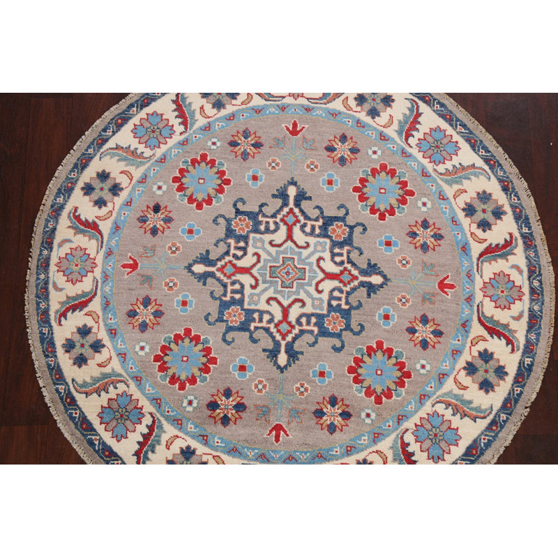 Tapis unique en laine noué à la main 4 pi 9 po gris / bleu / rouge New Age