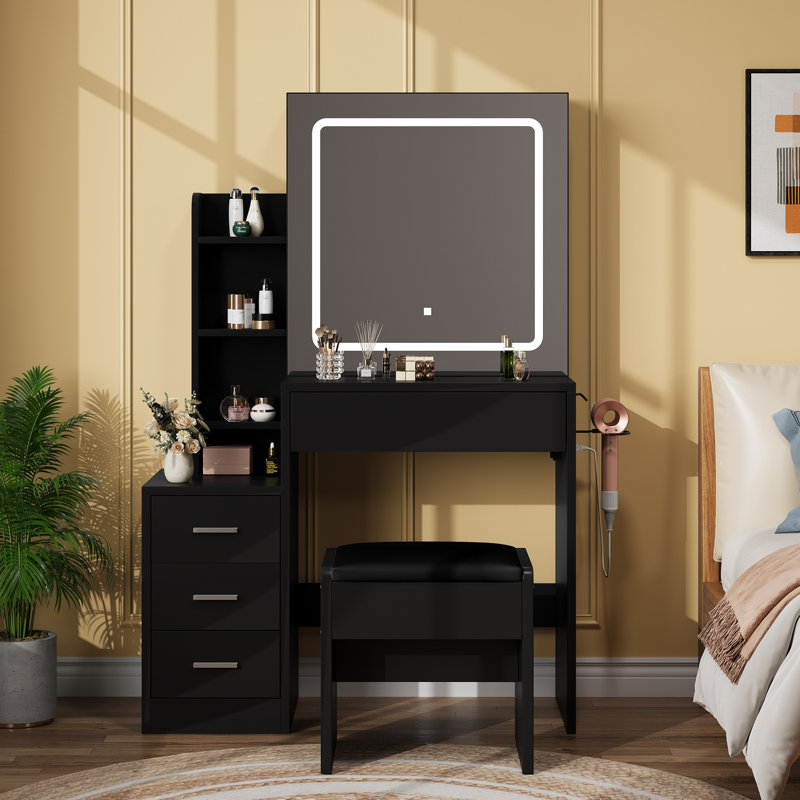 Bureau de coiffeuse avec miroir et tabouret à DEL, coiffeuse de maquillage avec 4 tiroirs et tablettes de rangement ouvertes, coiffeuse à miroir coulissante éclairée pour salle de bain de chambre à coucher, noir