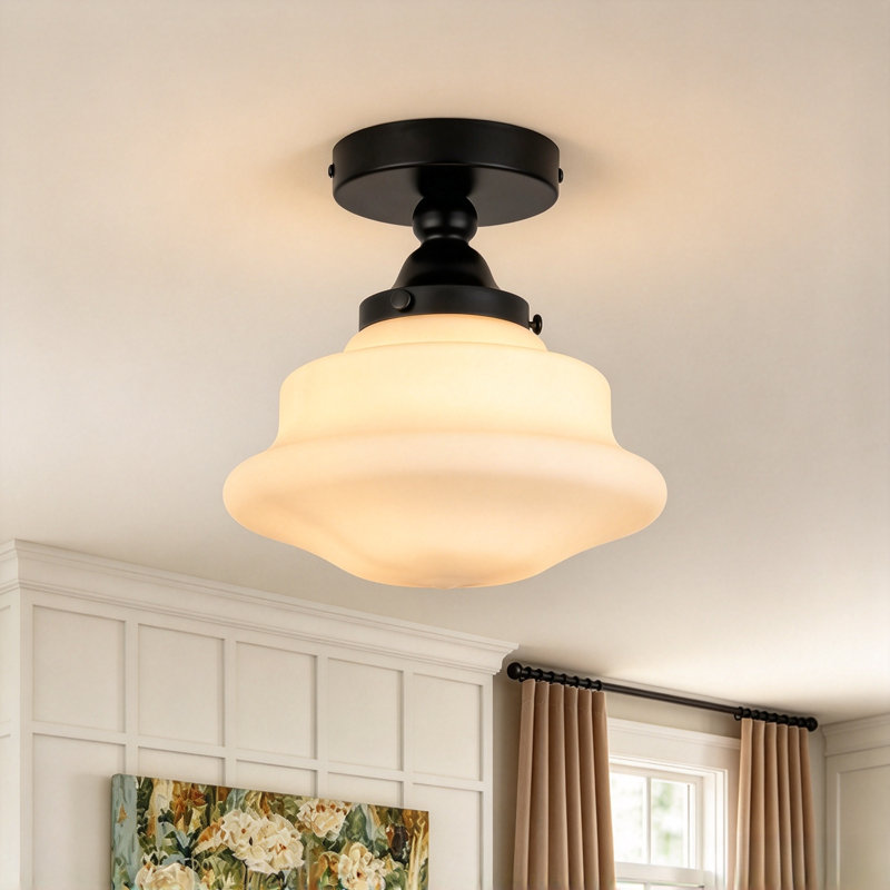 Buckminster 1-Light Vintage Schoolhouse Fluted Glass Semi Flush Mount Ceiling Light  for Hallway, Matte Black