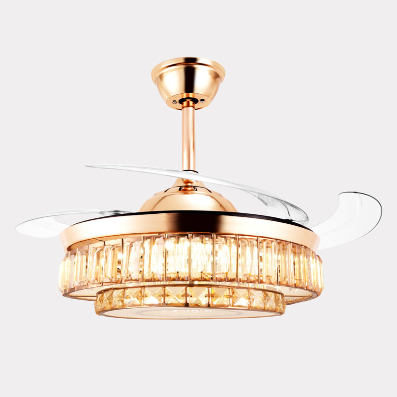 Ventilateurs de plafond 47 po avec lumière, ventilateur de lustre en cristal rétractable doré, réversible, télécommande, ensembles de plafonniers à intensité variable pour le salon, la chambre à coucher