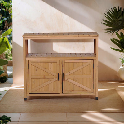 Solid Wood Patio Bar Table with Storage, Barn Door Buffet Cabinet for Indoor/Outdoor Use
