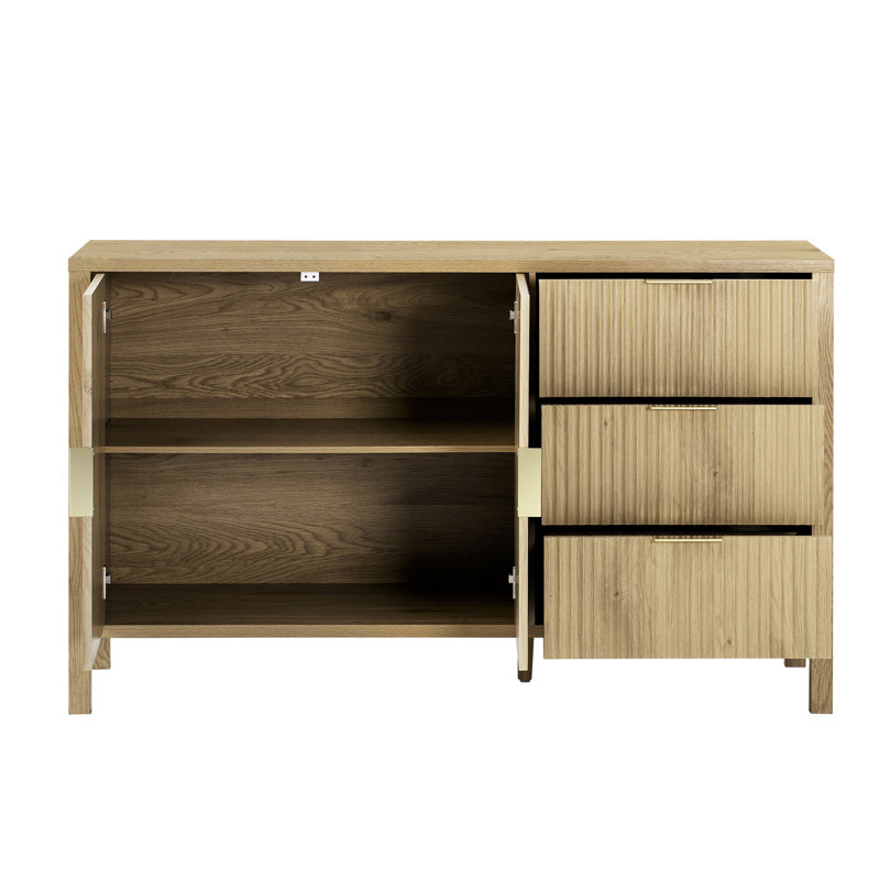 Buffet en MDF naturel à motif de vagues avec 3 tiroirs - Grande armoire de rangement avec crochets et pied central supplémentaire pour le salon