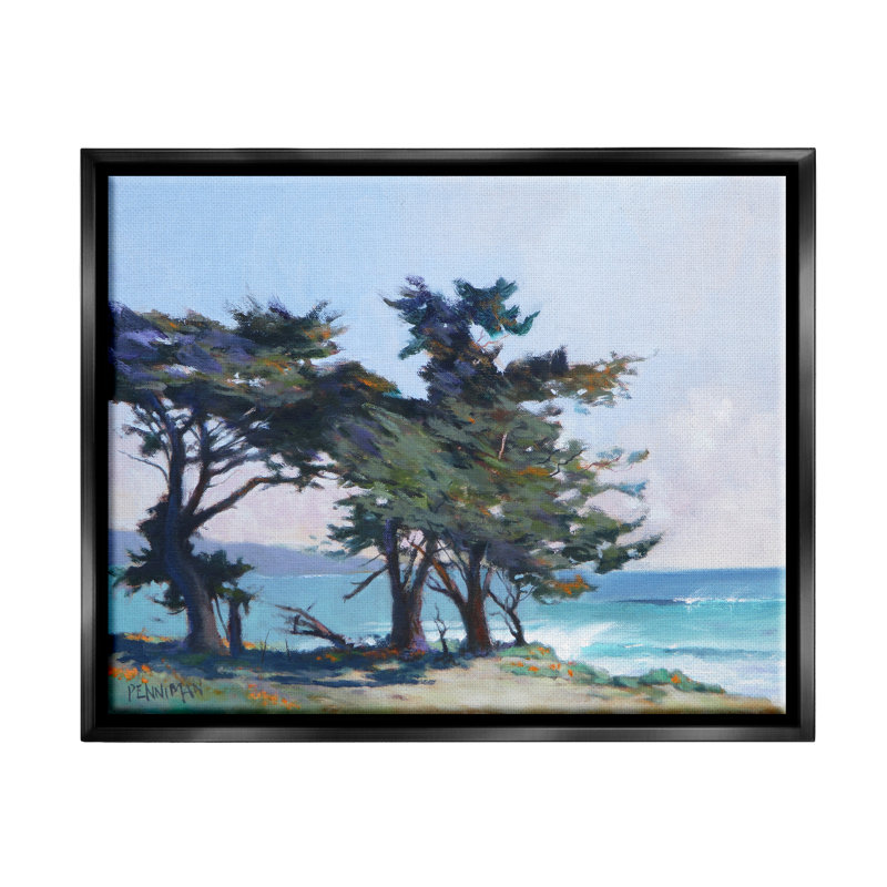 «Coastal Sandy Trees Ocean Waves Floater» par Ed Penniman, Cadre flottant noir de jais, H 17 po x l 21 po x P 1,7 po