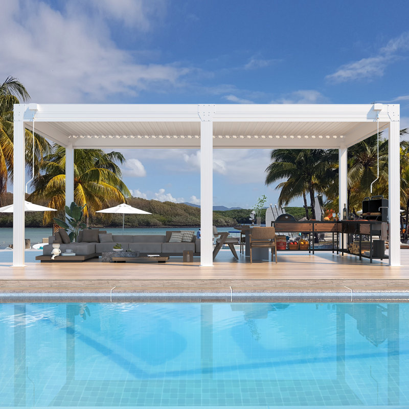 16 x 12 Ft Louvered Pergola with Pull-Down Screens, Aluminum Outdoor Gazebo with Adjustable Waterproof Roof for Patio, Deck & Hot Tub, White
