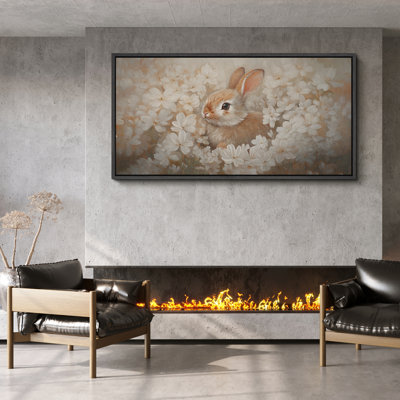 "Mignon lapin avec fleurs blanches", art mural sur toile neutre neutre pour chambre d'enfant ou chambre d'enfant