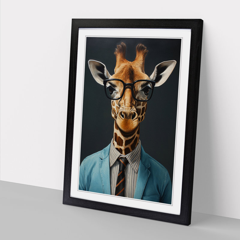 Giraffe with Glasses Painting - Framed Print, Black Framed, 64cm H x 46cm W