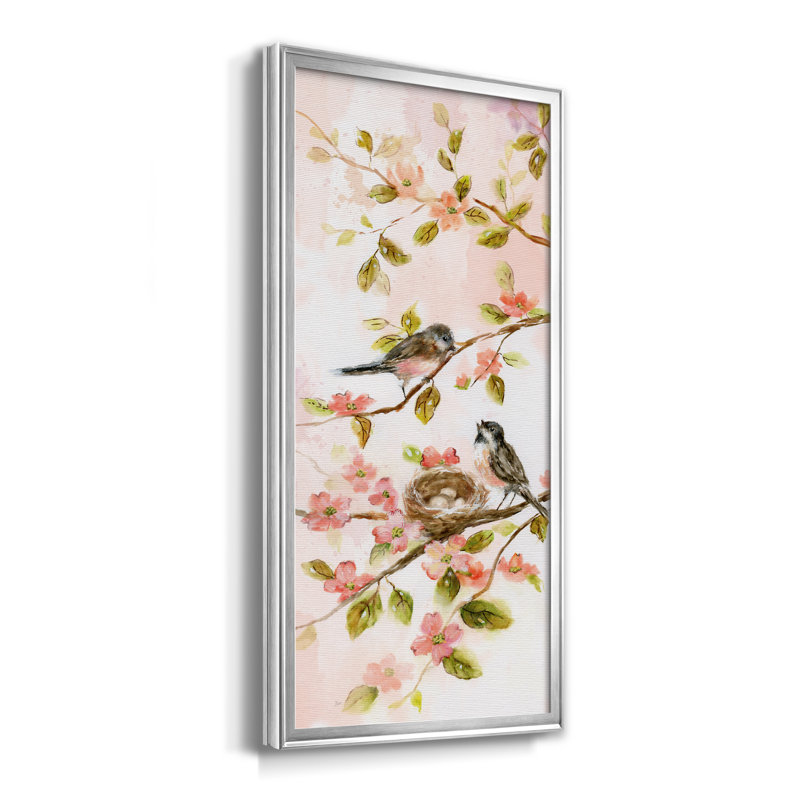 «Blush Birds II», peinture sur toile encadrée, H 10,5 po x l 18,5 po x P 1,5 po, Argent