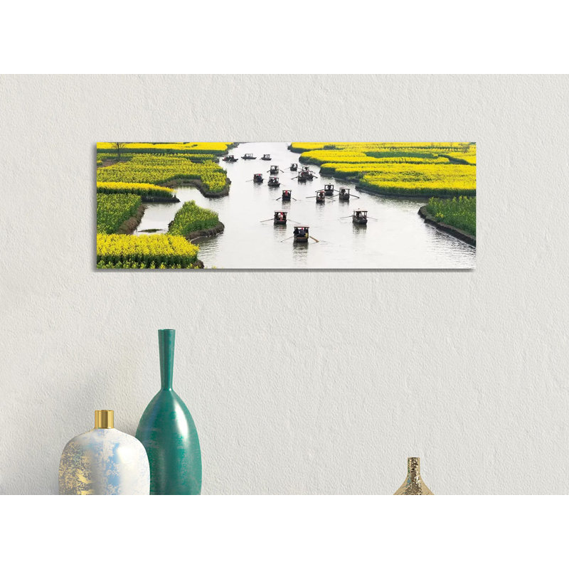 Rowing Boat On River Through ThoUSAnd-Islet Canola Flower Fields, Xinghua, Jiangsu Province, China by Keren Su - Wrapped Canvas Panoramic Gallery-Wrapped Canvas Giclée