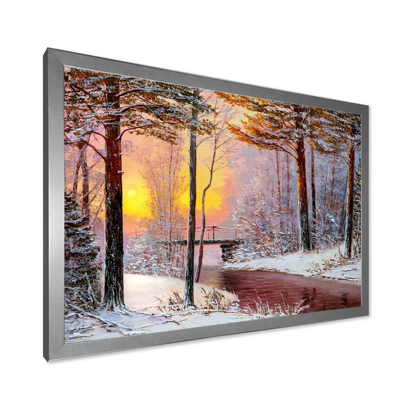 Forêt de Noël avec rivière et arbres IV - peinture sur toile, H 16 po x l 32 po x p 1 po, Cadre photo argenté
