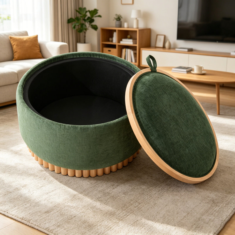 Repose-pieds de rangement rond de 29 po avec pieds en bois massif, table basse moderne avec couvercle réversible, structure en bois, repose-pieds en chenille pour le salon, aucun assemblage requis