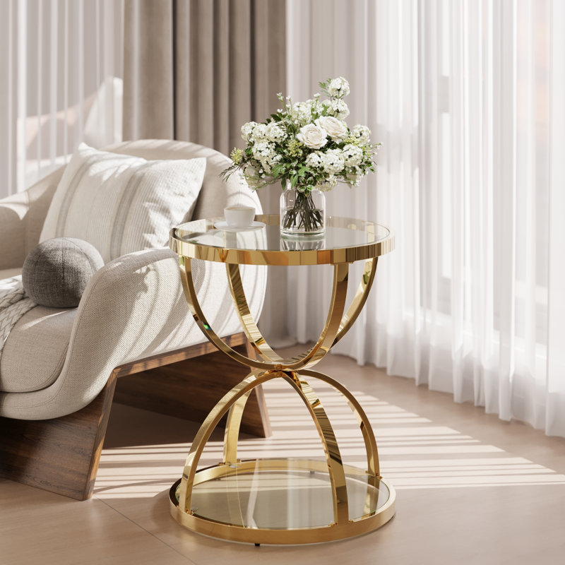 Table basse ronde en verre trempé de 20 po avec base en dôme et deux niveaux, Plateau transparent / base dorée