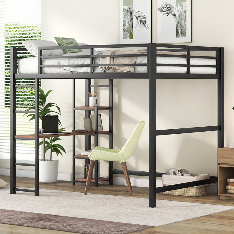 Lit mezzanine en métal avec bureau intégré et tablettes de rangement
