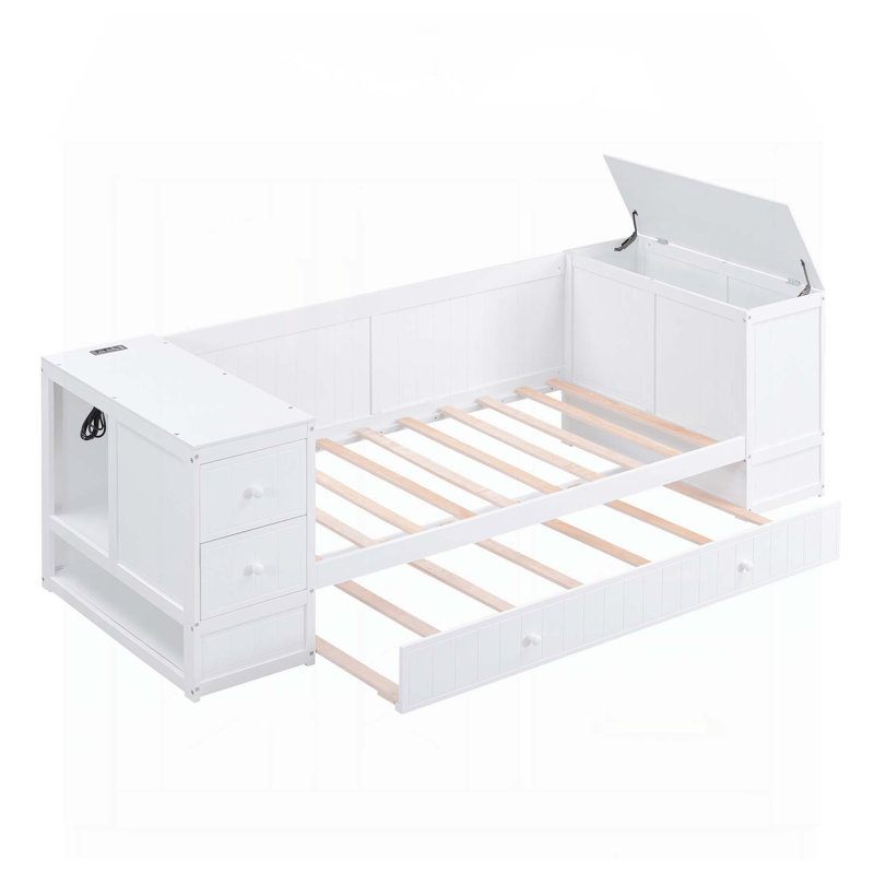 Lit de jour fonctionnel avec bras de rangement, lit gigogne et station de charge, parfait pour une vie confortable et peu encombrante