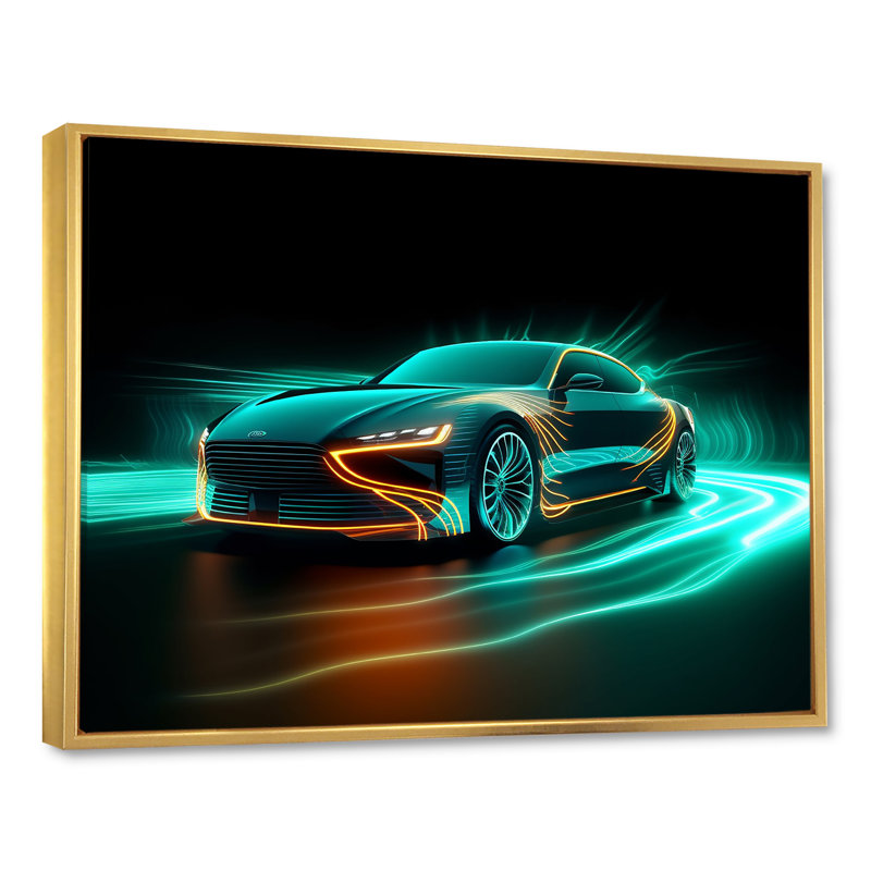 «Neon Light Strips Teal Hybrid Car I», reproduction sur toile, Cadre flottant doré, H 12 po x l 20 po x P 1 po