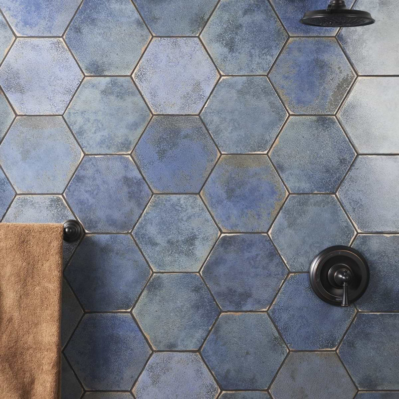 Kalay 9" Hexagon Polished Porcelain Tile, Blue