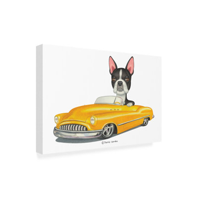 «Boston Terrier in Yellow Car» par Danny Gordon, impression sur toile tendue
